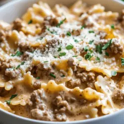 Creamy Beef and Bowtie Pasta is the epitome of comfort food, combining rich flavors and hearty ingredients into a dish that warms both the heart and the stomach. This dish is not only easy to prepare but also incredibly satisfying, making it a go-to recipe for busy weeknights or special gatherings. The creamy sauce envelops the bowtie pasta and tender beef, creating a delightful harmony of flavors that is sure to please everyone at the dinner table.