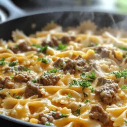 Cheesy Beef & Bowtie Pasta in Garlic Butter is more than just a meal; it’s a comforting embrace on a plate. This dish combines the rich flavors of seasoned ground beef with the delightful texture of bowtie pasta, all enveloped in a luscious garlic butter sauce that’s generously dotted with melted cheese. It’s the kind of recipe that brings families together, perfect for busy weeknights when you want something delicious without spending hours in the kitchen.