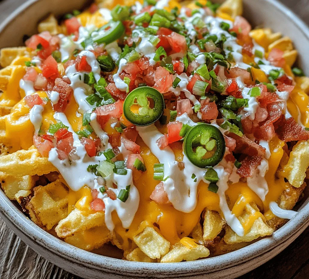 If you're looking for a creative and mouthwatering snack to elevate your next gathering, look no further than Waffle Fry Nachos. This delightful dish takes the traditional concept of nachos and gives it a crispy, savory twist by using waffle fries as the base. Imagine perfectly golden and crispy waffle fries topped with melted cheese, savory bacon, and a variety of fresh toppings; it’s a dish that promises to please both your taste buds and your guests.