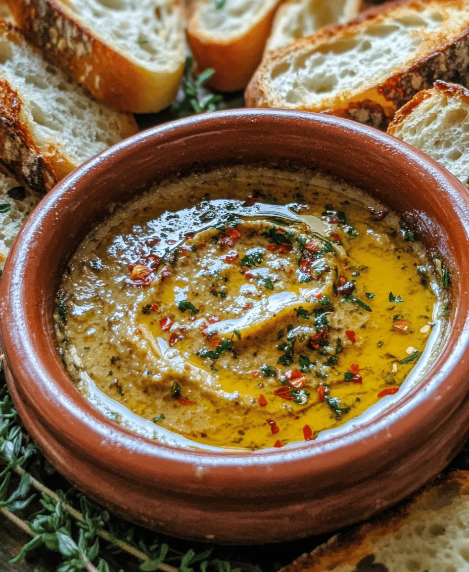 Mediterranean cuisine, renowned for its vibrant flavors and emphasis on fresh ingredients, has captured the hearts and palates of food lovers worldwide. Characterized by an abundance of vegetables, fruits, whole grains, fish, and the ever-popular olive oil, Mediterranean dishes offer a perfect balance of nutrition and taste. Among the myriad of delectable options, one standout is the <strong>Mediterranean Olive Oil Dip with Warm Herbed Bread</strong>. This dish serves as a delightful appetizer or snack, ideal for entertaining guests or enjoying a quiet evening at home.” /></p>
</p>
<h3>Tips for Achieving the Perfect Balance of Flavors</h3>
</p>
<p>Creating a Mediterranean Olive Oil Dip with warm herbed bread is all about achieving a harmonious balance of flavors. Here are some essential tips to enhance your dip and bread experience:</p>
</p>
<p>1. <strong>Choose High-Quality Ingredients</strong>: The quality of your olive oil plays a crucial role in the flavor profile. Opt for extra virgin olive oil for its rich and fruity notes, which will elevate the dip. Fresh herbs, such as basil, oregano, and rosemary, should also be used for the best flavor.</p>
</p>
<p>2. <strong>Balancing Salt and Acid</strong>: The addition of salt enhances the flavors of the dip, while acid, such as lemon juice or balsamic vinegar, brightens it up. Start with a small amount and adjust according to your taste preference.</p>
</p>
<p>3. <strong>Infuse the Oil</strong>: If you want to take it a step further, consider infusing your olive oil with extra herbs or spices like chili flakes for a kick. Allow the oil to sit for a few hours before mixing it into the dip for maximum flavor.</p>
</p>
<p>4. <strong>Add Depth with Garlic</strong>: Fresh garlic adds a pungent kick to the dip. You can roast the garlic beforehand to mellow its taste, or use it raw for a sharper flavor, depending on your personal preference.</p>
</p>
<p>5. <strong>Customize Your Dip</strong>: Feel free to experiment with additional ingredients such as sun-dried tomatoes, feta, or olives themselves. They can provide an extra layer of flavor and texture that complements the olive oil.</p>
</p>
<h3>Creating the Warm Herbed Bread</h3>
</p>
<p>Preparing the warm herbed bread to accompany your Mediterranean Olive Oil Dip is simple yet rewarding. Follow these comprehensive instructions for the perfect accompaniment.</p>
</p>
<h4>Ingredients for the Bread</h4>
<p>– 4 cups all-purpose flour</p>
<p>– 2 teaspoons instant yeast</p>
<p>– 1 teaspoon sugar</p>
<p>– 2 teaspoons salt</p>
<p>– 1 ½ cups warm water (about 110°F)</p>
<p>– ¼ cup extra virgin olive oil</p>
<p>– 2 tablespoons mixed dried herbs (rosemary, thyme, oregano)</p>
</p>
<h4>Instructions for Preparing the Bread</h4>
</p>
<p>1. <strong>Make the Dough</strong>: In a large mixing bowl, combine the flour, instant yeast, sugar, and salt. Gradually add the warm water and olive oil, stirring until a shaggy dough forms.</p>
</p>
<p>2. <strong>Kneading</strong>: Turn the dough onto a lightly floured surface and knead for about 10 minutes until smooth and elastic. Alternatively, you can use a stand mixer with a dough hook for about 5-7 minutes.</p>
</p>
<p>3. <strong>First Rise</strong>: Place the kneaded dough in a lightly greased bowl, cover with a damp cloth, and let it rise in a warm spot for about 1 hour, or until doubled in size.</p>
</p>
<p>4. <strong>Shape the Loaves</strong>: Once the dough has risen, punch it down and divide it into two equal portions. Shape each portion into a round or oval loaf, depending on your preference.</p>
</p>
<p>5. <strong>Second Rise</strong>: Place the loaves on a baking sheet lined with parchment paper, cover them with a damp towel, and allow them to rise for another 30 minutes.</p>
</p>
<h4>Preheating the Oven: Why It Matters for Texture</h4>
</p>
<p>Preheating your oven to 450°F (232°C) is crucial for achieving a crispy exterior on your bread. A hot oven will create steam, which is essential for the crust to develop. While your loaves are undergoing their second rise, make sure to set your oven temperature appropriately.</p>
</p>
<h3>Slicing Techniques for Optimal Crunch</h3>
</p>
<p>Once your loaves are baked, slicing them correctly can enhance the overall texture. Here’s how to slice for optimal crunch:</p>
</p>
<p>1. <strong>Cool Briefly</strong>: After removing the bread from the oven, let it cool for about 5-10 minutes. This will help prevent the steam from getting trapped inside the bread, maintaining its crispness.</p>
</p>
<p>2. <strong>Use a Serrated Knife</strong>: A serrated knife is ideal for slicing bread without squishing it. Start by slicing the ends to create a flat surface, then cut your loaves into even pieces, about 1-inch thick.</p>
</p>
<h3>Importance of Brushing Both Sides of the Bread with the Herbed Olive Oil Mixture</h3>
</p>
<p>To infuse your bread with flavor and ensure it is crispy, brush both sides of the sliced bread with the herbed olive oil mixture. Here’s how to make the herbed oil:</p>
</p>
<p>1. <strong>Herbed Olive Oil Mixture</strong>: Combine ½ cup of extra virgin olive oil with your choice of fresh or dried herbs, minced garlic, and a pinch of salt.</p>
</p>
<p>2. <strong>Brushing</strong>: Use a pastry brush to generously coat both sides of each slice of bread before toasting them. This will ensure that the bread absorbs the flavors while baking.</p>
</p>
<h3>Baking Techniques for Perfect Bread</h3>
</p>
<p>To achieve the ideal crispy texture for your warm herbed bread, follow these baking techniques:</p>
</p>
<p>1. <strong>Baking Time and Temperature</strong>: Bake your prepared bread at 450°F (232°C) for about 15-20 minutes or until the crust is golden brown.</p>
</p>
<p>2. <strong>Check for Doneness</strong>: To know when your bread is ready, tap the bottom of a loaf; it should sound hollow. Additionally, the internal temperature should reach around 200°F (93°C) for fully baked bread.</p>
</p>
<p>3. <strong>Oven Variations</strong>: Different ovens can affect baking times. If you have a convection oven, reduce the temperature by 25°F (15°C) and check for doneness a few minutes earlier.</p>
</p>
<h3>Serving Suggestions</h3>
</p>
<p>Presenting your Mediterranean Olive Oil Dip with warm herbed bread can enhance the dining experience. Here are some creative ideas:</p>
</p>
<p>1. <strong>Platter Presentation</strong>: Serve the dip in a shallow bowl with the warm herbed bread arranged on a large platter. Sprinkle a few herbs or chili flakes over the olive oil dip for added visual appeal.</p>
</p>
<p>2. <strong>Accompaniments</strong>: Pair your dip with assorted Mediterranean cheeses like feta or goat cheese. Include marinated olives, roasted peppers, and sun-dried tomatoes for a vibrant antipasto platter.</p>
</p>
<p>3. <strong>Wine Pairing</strong>: Consider serving your dip with a crisp white wine, such as a Sauvignon Blanc or a light-bodied red like Pinot Noir. The acidity in the wine will complement the rich flavors of the olive oil.</p>
</p>
<p>4. <strong>Mediterranean Dishes</strong>: Round out your meal with additional Mediterranean dishes such as hummus, tabbouleh, or a fresh Greek salad to create a delightful spread.</p>
</p>
<h3>Nutritional Benefits of the Ingredients</h3>
</p>
<p>Understanding the nutritional profile of your Mediterranean Olive Oil Dip and warm herbed bread can enhance your appreciation for this dish:</p>
</p>
<p>1. <strong>Olive Oil</strong>: Rich in monounsaturated fats, olive oil has heart-healthy properties and is loaded with antioxidants. It has been associated with numerous health benefits, including reduced inflammation and improved heart health.</p>
</p>
<p>2. <strong>Garlic</strong>: A staple in Mediterranean cooking, garlic is known for its immune-boosting properties and contains compounds that may lower blood pressure and cholesterol levels.</p>
</p>
<p>3. <strong>Fresh Herbs</strong>: Herbs like basil, oregano, and rosemary are not only flavor enhancers but also contribute vitamins, minerals, and antioxidants. They can provide anti-inflammatory and antiseptic benefits.</p>
</p>
<p>4. <strong>Bread</strong>: When made from whole wheat flour, your herbed bread can be a good source of fiber, which aids digestion and promotes feelings of fullness.</p>
</p>
<p>5. <strong>Nutritional Profile</strong>: A serving of the dip with warm herbed bread contains approximately 300-400 calories, depending on the amount of olive oil used, with healthy fats and fiber contributing to its nutritional value.</p>
</p>
<h3>Cultural Significance of Dipping in Mediterranean Cuisine</h3>
</p>
<p>Dipping is an integral part of Mediterranean dining culture, reflecting traditions of communal eating and sharing:</p>
</p>
<p>1. <strong>Social Aspect</strong>: Sharing food from a communal bowl encourages interaction among diners, fostering a sense of connection and togetherness. This practice is prevalent across Mediterranean countries, showcasing their rich cultural heritage.</p>
</p>
<p>2. <strong>Diverse Ingredients</strong>: The ingredients used in dips and breads often reflect the local flavors and seasonal produce, emphasizing the importance of fresh, quality ingredients in Mediterranean cooking.</p>
</p>
<p>3. <strong>Culinary Traditions</strong>: Dips like the Mediterranean Olive Oil Dip embody the spirit of hospitality, making them a staple at gatherings, celebrations, and casual meals alike.</p>
</p>
<h3>Conclusion</h3>
</p>
<p>The Mediterranean Olive Oil Dip with warm herbed bread is not just a recipe; it’s a celebration of fresh ingredients and culinary tradition. The simplicity of preparing this dish belies its rich flavors and the joy it brings to any gathering. Whether you’re entertaining friends or enjoying a quiet evening at home, this dish offers a delightful experience that embodies the spirit of Mediterranean cuisine. So gather your ingredients, follow the steps, and indulge in the warmth and comfort of this culinary treasure.</p>
</div>
