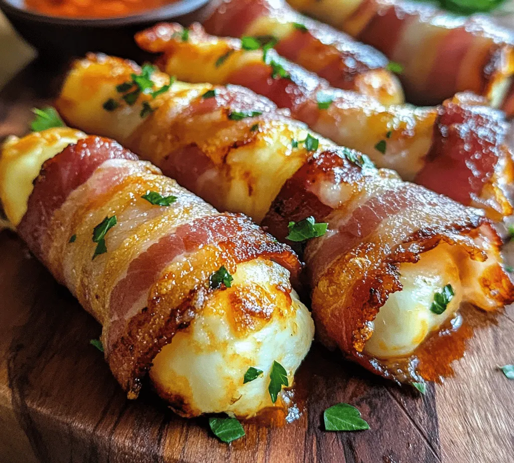 If you're searching for a crowd-pleasing appetizer that perfectly marries crunch and creaminess, look no further than crispy bacon-wrapped mozzarella sticks. This delectable dish elevates the classic cheese stick by enveloping it in savory, crispy bacon, creating a mouthwatering experience with each bite. As you sink your teeth into the crunchy exterior, you're rewarded with the gooey warmth of melted mozzarella, making it an irresistible treat that everyone will love.