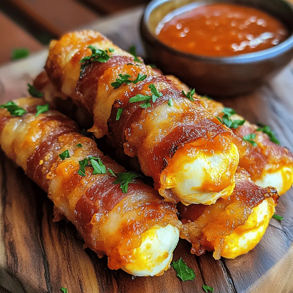 If you're searching for a crowd-pleasing appetizer that perfectly marries crunch and creaminess, look no further than crispy bacon-wrapped mozzarella sticks. This delectable dish elevates the classic cheese stick by enveloping it in savory, crispy bacon, creating a mouthwatering experience with each bite. As you sink your teeth into the crunchy exterior, you're rewarded with the gooey warmth of melted mozzarella, making it an irresistible treat that everyone will love.