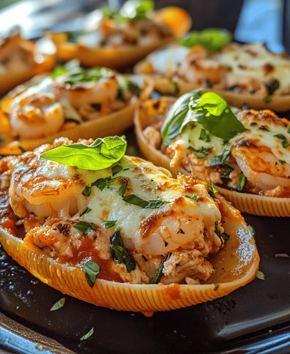 When it comes to impressive yet comforting meals, <strong>Marry Me Chicken & Shrimp Stuffed Shells</strong> stands out as a perfect choice for both cozy weeknight dinners and special occasions. This dish has captured the hearts and palates of many home cooks, and it’s not hard to see why. Infused with a delightful combination of tender chicken, succulent shrimp, and a rich blend of cheeses, these stuffed pasta shells are as delicious as they are visually appealing. The name “Marry Me Chicken” suggests a romantic undertone, hinting that this dish is so good, it could inspire proposals. Whether you’re trying to impress a date or simply treating your family to a delectable meal, these stuffed shells are sure to leave a lasting impression.” /></p>
</p>
<h3>Arranging in the Baking Dish</h3>
</p>
<p>The presentation of your Marry Me Chicken & Shrimp Stuffed Shells is just as important as the flavors themselves. A well-arranged dish not only enhances the visual appeal but also ensures even cooking and flavor distribution. Start by spreading a thin layer of your chosen sauce on the bottom of a 9×13 inch baking dish. This base layer protects the shells from drying out during baking and adds an extra depth of flavor.</p>
</p>
<p>Next, carefully fill each cooked shell with your chicken and shrimp mixture. Arrange the filled shells in the dish in a single layer, ensuring that they are snug but not overcrowded. This allows heat to circulate evenly around each shell, promoting even cooking and browning. Once all the shells are in place, generously cover them with the remaining sauce and sprinkle a good amount of shredded cheese over the top. Layering the sauce and cheese properly not only creates a beautiful dish but also ensures that every bite is deliciously cheesy and flavorful.</p>
</p>
<h3>Baking</h3>
</p>
<p>Baking is where the magic happens, transforming your carefully assembled ingredients into a comforting masterpiece. Preheat your oven to 375°F (190°C) and cover your baking dish with aluminum foil. The foil plays a vital role in cooking, trapping moisture and allowing the shells to steam gently. This ensures that they heat through without drying out.</p>
</p>
<p>Bake the stuffed shells covered for about 25 minutes. After this time, carefully remove the foil to reveal the bubbling sauce and melted cheese underneath. Return the dish to the oven and bake for an additional 10-15 minutes, or until the cheese is golden brown and bubbling. This step is crucial for achieving that perfect cheesy crust that adds both texture and flavor to the dish. The contrast between the creamy filling and the slightly crispy cheese makes each bite a delightful experience.</p>
</p>
<h3>Garnishing</h3>
</p>
<p>Once your stuffed shells are out of the oven and have had a moment to cool, it’s time to elevate the dish with a touch of garnish. Fresh basil is an excellent choice for this dish, as its aromatic and slightly peppery flavor beautifully complements the richness of the cheese and cream. Simply tear the basil leaves into small pieces and sprinkle them over the top of the baked shells just before serving. This not only enhances the visual appeal with vibrant green color but also adds a fresh burst of flavor that balances the dish.</p>
</p>
<h3>Flavor Combinations and Variations</h3>
</p>
<p>One of the greatest aspects of the Marry Me Chicken & Shrimp Stuffed Shells recipe is its versatility. While the original recipe is delicious, there are numerous ways to customize it to suit your taste or dietary preferences.</p>
</p>
<h4>Suggestions for Variations</h4>
</p>
<p>1. <strong>Different Proteins</strong>:</p>
<p>– For a seafood twist, consider substituting shrimp with crab meat or scallops. Both options will elevate the dish and add unique flavors.</p>
<p>– For those preferring a vegetarian approach, use sautéed mushrooms and spinach instead of meat. A mix of ricotta and mozzarella will provide the creamy texture that stuffed shells are known for.</p>
</p>
<p>2. <strong>Flavor Enhancements</strong>:</p>
<p>– Incorporate sun-dried tomatoes into the filling for a burst of tangy flavor.</p>
<p>– Fresh herbs like thyme, rosemary, or parsley can be added to the filling or sauce for added freshness.</p>
</p>
<h4>Pairing Suggestions</h4>
</p>
<p>To round out your meal, consider serving the stuffed shells with a light side salad dressed in a lemon vinaigrette. This will provide a refreshing contrast to the richness of the shells. Garlic bread or a crusty baguette also pairs beautifully, offering a delightful crunch and perfect for scooping up any leftover sauce.</p>
</p>
<h4>Ideas for Sauces and Toppings</h4>
</p>
<p>While the creamy sauce is a star on its own, feel free to explore different options. A homemade marinara sauce can provide a zesty contrast, while a white wine and garlic sauce can add depth. For an added kick, consider topping the shells with a sprinkle of red pepper flakes before serving.</p>
</p>
<h3>Nutritional Information</h3>
</p>
<p>Understanding the nutritional profile of your Marry Me Chicken & Shrimp Stuffed Shells enhances your ability to make informed choices about your meals. This dish packs a punch with protein from both chicken and shrimp, making it a filling option for dinner.</p>
</p>
<h4>Overview of the Nutritional Profile</h4>
</p>
<p>– <strong>Calories</strong>: Depending on portion sizes, a serving can range from 400 to 600 calories.</p>
<p>– <strong>Protein</strong>: Each serving provides a significant amount of protein, essential for muscle repair and growth.</p>
<p>– <strong>Carbohydrates</strong>: The pasta shells contribute carbohydrates, providing energy for your day.</p>
</p>
<h4>Health Benefits of Ingredients Used</h4>
</p>
<p>The use of fresh herbs, lean chicken, and shrimp in this recipe not only boosts flavor but also contributes essential vitamins and minerals. Basil, for example, is rich in antioxidants, while shrimp is a great source of omega-3 fatty acids, promoting heart health.</p>
</p>
<h4>Considerations for Portion Sizes and Balanced Meals</h4>
</p>
<p>When planning your meal, consider balancing your plate with vegetables. Aim for an ideal portion size of 2-3 stuffed shells accompanied by a side salad or steamed vegetables to ensure a well-rounded meal. This provides fiber and essential nutrients, enhancing overall health.</p>
</p>
<h3>Serving Suggestions</h3>
</p>
<p>The presentation of your Marry Me Chicken & Shrimp Stuffed Shells can greatly enhance the dining experience. Here are some creative serving ideas:</p>
</p>
<p>1. <strong>Presentation Ideas</strong>:</p>
<p>– Serve the stuffed shells directly in the baking dish for a rustic feel, garnished with basil and a drizzle of balsamic reduction for added color.</p>
<p>– Alternatively, plate individual servings with a spoonful of sauce and a sprinkle of cheese on top.</p>
</p>
<p>2. <strong>Wine Pairings</strong>:</p>
<p>– A crisp white wine, such as Sauvignon Blanc or Pinot Grigio, complements the dish beautifully. If you prefer red, a light Chianti can also work well with the flavors.</p>
</p>
<p>3. <strong>Ideas for Leftovers</strong>:</p>
<p>– Leftover stuffed shells can be repurposed into a delightful pasta bake. Simply layer with additional sauce and cheese, and bake until heated through.</p>
<p>– Consider adding leftover shells to a salad for a quick lunch option, mixing the flavors from dinner into a fresh new dish.</p>
</p>
<h3>Conclusion</h3>
</p>
<p>The Marry Me Chicken & Shrimp Stuffed Shells is more than just a recipe; it’s a culinary experience that combines rich flavors and comforting textures into one unforgettable dish. Its versatility allows for endless customization, making it suitable for various dietary preferences and occasions.</p>
</p>
<p>This recipe stands out due to its ability to impress guests with its stunning presentation and delicious taste, making it a must-try for any home cook. Whether you’re preparing it for a romantic dinner or a family gathering, the explosion of flavors and the heartwarming aroma will undoubtedly create a memorable dining experience.</p>
</p>
<p>Explore the delightful combinations, variations, and serving suggestions to make this dish your own. With each bite, you’ll understand why this recipe has the potential to become a cherished favorite in your home. So gather your ingredients, follow the steps, and let the Marry Me Chicken & Shrimp Stuffed Shells bring joy to your table!</p>
</div>