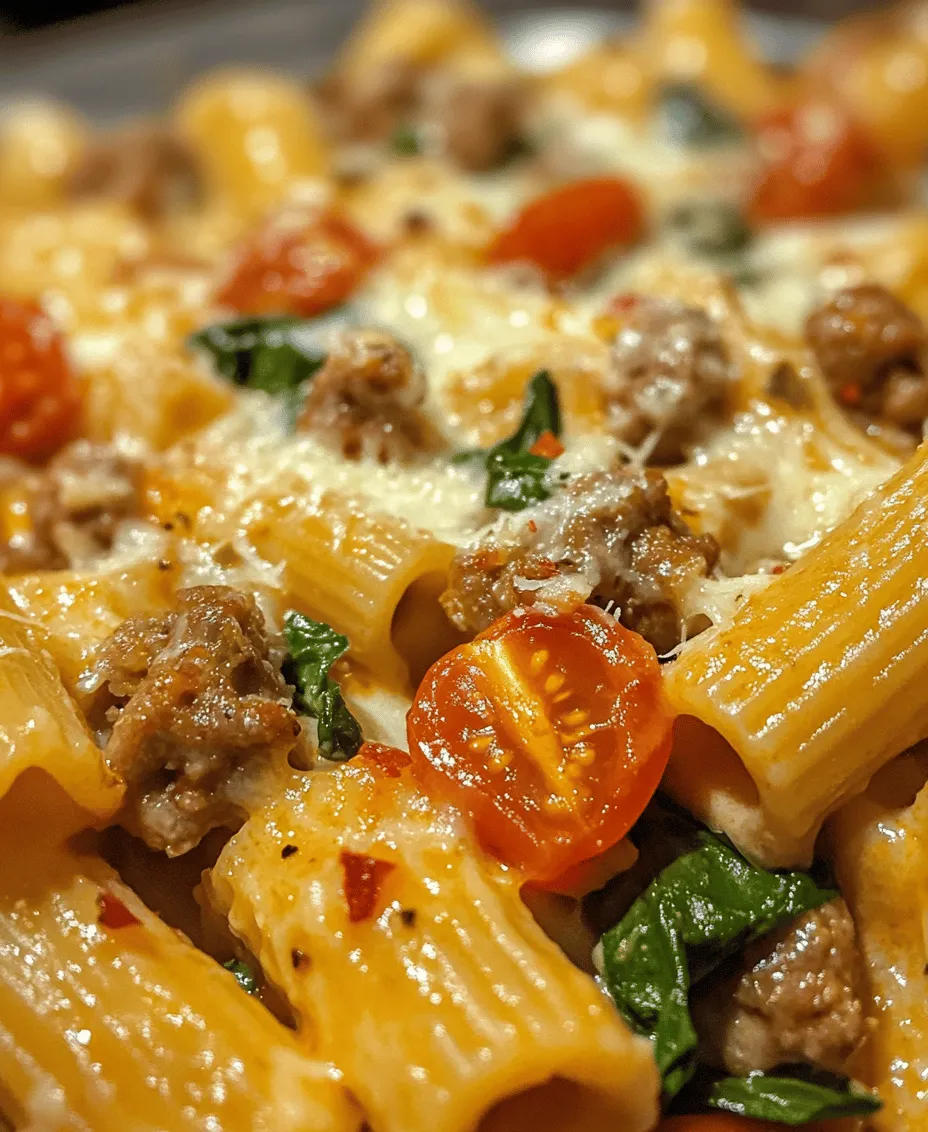 In the realm of comfort food, few dishes can rival the appeal of a creamy pasta recipe. <strong>Creamy Sausage Rigatoni: Spinach & Tomato Delight</strong> not only exemplifies the ease of preparation but also embodies a delightful harmony of flavors that can satisfy the entire family. This dish combines the rich, hearty textures of rigatoni pasta with savory sausage, vibrant spinach, and sweet cherry tomatoes, creating a meal that is both satisfying and visually appealing.” /></p>
</p>
<h2>Creamy Sausage Rigatoni: Spinach & Tomato Delight</h2>
</p>
<h3>Importance of Breaking Up Sausage for Even Distribution</h3>
<p>When preparing your Creamy Sausage Rigatoni, one of the crucial steps is breaking up the sausage into smaller pieces as you cook it. This ensures that the flavors meld beautifully throughout the dish. If you leave the sausage in large chunks, you risk uneven distribution of flavor, which can lead to bites that are either too meaty or lacking in sausage altogether. Using a wooden spoon or spatula, crumble the sausage while it cooks. This not only aids in even cooking but also allows the rendered fat to coat the pasta, enhancing the overall richness of the dish.</p>
</p>
<h3>Adding Flavor with Garlic and Tomatoes</h3>
<p>Once your sausage is browned and crumbled, the next step is to add aromatics that will elevate the dish. Garlic is a staple in many Italian recipes and should be minced and added to the pan just after the sausage has completed cooking. Sauté the garlic for about 30 seconds until it’s fragrant, but be careful not to burn it, as burnt garlic can impart a bitter taste.</p>
</p>
<p>Following garlic, add canned diced tomatoes (or fresh, if you prefer) into the pan. The tomatoes not only provide acidity to balance the richness of the cream and sausage but also contribute a vibrant color and sweetness. When the tomatoes are added, allow them to cook down for a few minutes. This process will transform the tomatoes from their fresh state into a more concentrated sauce, deepening the flavors of your rigatoni.</p>
</p>
<h3>Timing for Adding Ingredients to Maximize Flavor</h3>
<p>Timing is critical in layering flavors during the cooking process. After the tomatoes have simmered for about 5-7 minutes, allowing them to break down and integrate with the sausage, it’s time to add the cream. By waiting until the tomatoes are well-cooked, you ensure that their juices are fully released, which helps to create a rich and cohesive sauce.</p>
</p>
<h3>The Transformation of Tomatoes When Cooked</h3>
<p>Cooking tomatoes transforms their texture and flavor profile. Fresh tomatoes contain high water content, which can dilute the richness of your sauce if not cooked properly. As they cook, the water evaporates, and their natural sugars caramelize, intensifying the flavor. This transformation is essential for creating a robust sauce that will cling beautifully to your rigatoni.</p>
</p>
<h3>Incorporating Spinach</h3>
<p>Next, you’ll want to introduce fresh spinach into your dish. Spinach is a fantastic addition, not only for its vibrant green color but also for its nutritional benefits. When adding the spinach, toss it into the pan with the sauce and stir until wilted. This should only take a couple of minutes, as spinach cooks down significantly when heat is applied.</p>
</p>
<h3>Health Benefits of Spinach</h3>
<p>Spinach is packed with vitamins and minerals, making it a nutrient-rich addition to any meal. It is high in vitamin K, vitamin A, vitamin C, and folate. Additionally, spinach is a good source of iron and calcium, which are essential for maintaining strong bones and healthy blood. Incorporating spinach into this rigatoni dish not only enhances its nutritional profile but also adds a fresh and slightly earthy flavor that complements the creaminess of the sauce.</p>
</p>
<h3>Cooking Time and Method for Retaining Nutrients</h3>
<p>To retain the nutrients in the spinach, limit the cooking time to just enough to wilt the leaves. Overcooking spinach can lead to a loss of valuable vitamins and minerals, so aim for a bright green color and tender texture. By adding spinach at the end of the cooking process, you ensure that it maintains its vibrant color and nutritional integrity.</p>
</p>
<h3>Creating the Creamy Sauce</h3>
<p>As the spinach wilts, it’s time to create the creamy sauce that brings the dish together. Reduce the heat to low and slowly pour in heavy cream, stirring gently to combine. The key here is to control the temperature; adding cream over high heat can cause it to curdle. Keeping the heat low allows the cream to blend smoothly with the sausage and tomatoes, resulting in a silky sauce that envelops each piece of pasta.</p>
</p>
<h3>Importance of Temperature Control When Adding Cream</h3>
<p>Temperature control is essential when working with dairy products. If the pan is too hot, the cream can separate, leading to an unappetizing texture. To achieve the perfect consistency, add the cream gradually, stirring continuously to ensure it incorporates well with the other ingredients.</p>
</p>
<h3>Techniques for Achieving the Desired Sauce Consistency</h3>
<p>The desired consistency of your sauce should be creamy and slightly thickened. If you find that it’s too thin, let it simmer on low heat for a few additional minutes until it reaches your preferred thickness. Conversely, if it’s too thick, you can add a splash of pasta water or additional cream to loosen it up. The goal is to create a sauce that clings to the rigatoni, providing a delightful mouthfeel with every bite.</p>
</p>
<h3>Combining Pasta and Sauce</h3>
<p>Once your sauce has reached the ideal consistency, it’s time to combine it with the cooked rigatoni. Drain the pasta, reserving a cup of pasta water, and add it directly to the sauce in the pan. Toss the pasta gently to ensure every piece is coated with the creamy sauce. If the dish seems dry, add a little of the reserved pasta water to help the sauce adhere better to the noodles.</p>
</p>
<h3>Importance of Thorough Mixing for Flavor Infusion</h3>
<p>Thoroughly mix the rigatoni with the sauce to infuse the flavors throughout the dish. This step is critical; it ensures that each bite is bursting with the delicious combination of sausage, tomatoes, spinach, and cream. Use tongs or a large fork to lift and turn the pasta, allowing the sauce to envelop each piece.</p>
</p>
<h3>Final Heating Techniques for Best Results</h3>
<p>After mixing, let the combined dish heat for an additional minute or two, ensuring that everything is warmed through. This final heating step helps meld the flavors even further, creating a harmonious dish that is both comforting and satisfying.</p>
</p>
<h3>Serving Suggestions and Presentation</h3>
<p>To present your Creamy Sausage Rigatoni beautifully, consider using shallow pasta bowls or large plates. The visual appeal of the dish can be enhanced by arranging the pasta in a mound and allowing some of the sauce to pool around it.</p>
</p>
<h3>Garnishing Tips with Basil and Red Pepper Flakes</h3>
<p>Garnishing is an excellent way to elevate your dish. Fresh basil leaves can be torn and scattered over the top for a burst of color and freshness. A sprinkle of red pepper flakes adds a touch of heat, balancing the creaminess of the sauce.</p>
</p>
<h3>Pairing Recommendations with Sides or Beverages</h3>
<p>When it comes to pairing, a crisp green salad with a light vinaigrette complements the richness of the rigatoni wonderfully. For beverages, a glass of white wine, such as Pinot Grigio or Chardonnay, enhances the flavors without overpowering them. If you prefer non-alcoholic options, sparkling water with a slice of lemon is refreshing and palate-cleansing.</p>
</p>
<h3>Nutritional Information</h3>
<p>This Creamy Sausage Rigatoni is not only delicious but also provides a range of nutritional benefits. Each serving typically contains approximately 550 calories, with 25 grams of protein, 30 grams of carbohydrates, and a healthy dose of vitamins A, C, and K from the spinach. The sausage adds protein and flavor, while the cream contributes healthy fats, making it a well-rounded meal.</p>
</p>
<h3>Why This Recipe is a Weeknight Favorite</h3>
<p>This recipe is a weeknight favorite for several reasons. First, it’s incredibly time-efficient. From start to finish, you can have this delicious meal on the table in less than 30 minutes. The simplicity of the ingredients means that you likely already have many of them on hand, making it a convenient go-to option.</p>
</p>
<h3>Versatility of Ingredients for Substitutions</h3>
<p>Additionally, the ingredients are versatile. You can easily swap out the sausage for ground turkey or chicken for a lighter version or opt for a vegetarian sausage for a plant-based meal. The spinach can be replaced with kale or arugula, depending on your preference. This flexibility allows you to tailor the dish to your family’s tastes and dietary needs.</p>
</p>
<h3>Family-Friendliness and Appeal to Kids and Adults</h3>
<p>Lastly, this dish is a hit with both kids and adults alike. The creamy sauce and tender pasta appeal to even the pickiest eaters, making it a fantastic option for family dinners. Plus, the addition of spinach means sneaking in some greens without the fuss!</p>
</p>
<h3>Conclusion</h3>
<p>In conclusion, the Creamy Sausage Rigatoni with Spinach and Tomato is a delightful dish that combines ease of preparation with rich, comforting flavors. Its creamy texture and vibrant ingredients make it a standout meal that brings joy to the dinner table. We encourage you to try this recipe for a satisfying and heartwarming meal experience that you can share with loved ones. There’s nothing quite like the joy of cooking and sharing a delicious meal, and this rigatoni dish will surely become a cherished favorite in your household. Enjoy the process, and happy cooking!</p>
</div>