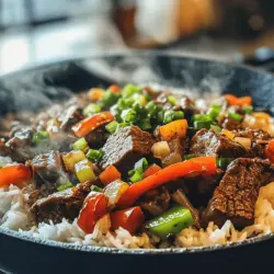 At the heart of this Sizzling Pepper Steak Stir-Fry is flank steak, a cut known for its rich flavor and tender texture when cooked properly. Flank steak is a lean cut of beef taken from the abdominal muscles of the cow, which gives it a distinctive grain and a robust taste. This makes it ideal for stir-frying, as it can absorb marinades well and cooks quickly.