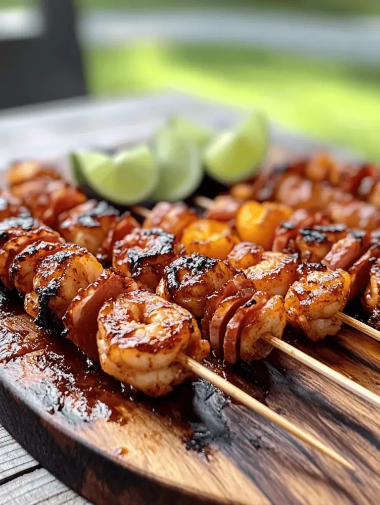 Are you ready to elevate your summer grilling game? Look no further than BBQ, Sweet Chili, & Peach Bacon Wrapped Shrimp Kabobs! This tantalizing dish perfectly marries savory and sweet flavors, creating an explosion of taste that will leave your guests raving. The combination of succulent shrimp, crispy bacon, juicy peaches, and tantalizing sauces makes these kabobs a standout option for backyard barbecues, family gatherings, or cozy evenings on the patio.