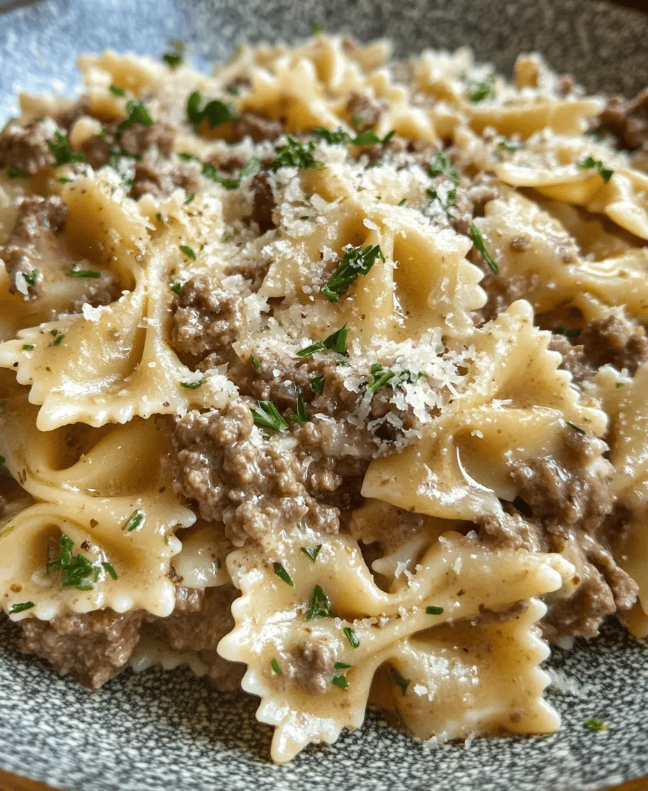 When it comes to comfort food, few dishes can compete with a hearty pasta meal. One such dish that embodies the essence of comfort is the <strong>Creamy Bowtie Beef Delight</strong>. This dish, with its delightful blend of bowtie pasta and savory ground beef enveloped in a rich, creamy sauce, is sure to satisfy any hunger pang and warm the soul. As you dive into this recipe, you’ll discover not only how to create a satisfying meal but also why creamy pasta dishes hold a special place in our hearts and kitchens.” /></p>
</p>
<h3>The Role of Italian Seasoning and Spices in Flavor Development</h3>
</p>
<p>Italian seasoning is a fundamental component in creating the rich flavor profile of Creamy Bowtie Beef Delight. This blend typically includes dried basil, oregano, thyme, and rosemary, which work harmoniously to elevate the dish. Each herb contributes unique notes: basil offers a slight sweetness, oregano adds a robust earthiness, thyme brings a subtle depth, and rosemary introduces a piney aroma.</p>
</p>
<p>In addition to Italian seasoning, incorporating spices such as garlic powder, onion powder, and a pinch of red pepper flakes can significantly enhance flavor development. Garlic and onion powders provide a savory base that complements the beef, while red pepper flakes add a gentle kick, balancing the creaminess of the sauce.</p>
</p>
<p>To truly unlock the potential of these seasonings, it’s crucial to sauté them briefly in oil before adding the meat. This technique allows the spices to bloom, releasing their essential oils and intensifying their flavors, which sets a solid foundation for the overall taste of the dish.</p>
</p>
<h3>Tips on Achieving the Perfect Consistency in the Sauce</h3>
</p>
<p>The key to a luxurious creamy sauce lies in its consistency. To achieve the perfect creamy texture, consider the following tips:</p>
</p>
<p>1. <strong>Use Heavy Cream</strong>: Heavy cream is essential for creating a rich and velvety sauce. Its higher fat content prevents the sauce from becoming too thin or separating.</p>
</p>
<p>2. <strong>Gradual Incorporation</strong>: When adding cream to the pan, do so gradually. Start by stirring in a small amount, allowing it to blend with the other ingredients before adding more. This method helps prevent curdling and ensures a smooth emulsification.</p>
</p>
<p>3. <strong>Adjust with Pasta Water</strong>: As you cook your pasta, reserve a cup of the starchy pasta water before draining. This water can be added to the sauce if it becomes too thick, helping to achieve a silky and cohesive texture without compromising flavor.</p>
</p>
<p>4. <strong>Simmer, Don’t Boil</strong>: Once the cream is added, let the sauce simmer gently. Boiling can cause the cream to separate and lead to an undesirable texture. A gentle simmer allows the flavors to meld while keeping the sauce beautifully creamy.</p>
</p>
<h3>Combining Pasta and Sauce</h3>
</p>
<p>Incorporating the bowtie pasta into the sauce is a crucial step that ensures each piece is coated evenly and infused with flavor. Here’s how to do it effectively:</p>
</p>
<p>– <strong>Timing is Everything</strong>: Cook the bowtie pasta until al dente, as it will continue to cook slightly when combined with the sauce. Drain the pasta, but do not rinse it—rinsing removes the starch that helps the sauce cling.</p>
</p>
<p>– <strong>Toss with the Sauce</strong>: Once your sauce is ready and the heat is adjusted, add the drained pasta directly to the skillet. Use tongs or a large spoon to toss the pasta, ensuring every piece is enveloped in the creamy sauce. If needed, add a splash of reserved pasta water to help combine everything smoothly.</p>
</p>
<p>– <strong>Cheese Addition</strong>: For an added layer of creaminess and flavor depth, incorporate freshly grated Parmesan cheese into the sauce. This will not only enhance the taste but also add a delightful texture. Stir in the cheese off the heat to prevent clumping and ensure a silky finish.</p>
</p>
<p>– <strong>Heat Management</strong>: Throughout this process, maintaining the right heat is crucial. Too much heat can lead to overcooked pasta and a sauce that may break. A medium-low heat is ideal for gentle mixing without compromising the integrity of the ingredients.</p>
</p>
<h3>Serving Suggestions</h3>
</p>
<p>Presentation plays a vital role in enhancing the dining experience of your Creamy Bowtie Beef Delight. Here are some appealing ways to serve this dish:</p>
</p>
<p>– <strong>Plating</strong>: Use shallow bowls or large plates to showcase the pasta. Twirl the bowtie pasta into a nest shape using tongs for a visually appealing presentation. Drizzle some extra sauce over the top and sprinkle with grated cheese for that gourmet touch.</p>
</p>
<p>– <strong>Pairings</strong>: Serve this dish alongside a crisp green salad tossed with a light vinaigrette to balance the richness of the pasta. Garlic bread or a freshly baked baguette are excellent choices for mopping up any remaining sauce. For a beverage pairing, consider a glass of Chardonnay or a light red wine like Pinot Noir, which complements the flavors without overpowering them.</p>
</p>
<p>– <strong>Garnishing</strong>: A sprinkle of fresh parsley not only adds a pop of color but also infuses a fresh, herbal note that brightens the dish. Chives or basil can be alternatives for garnishing, depending on your preference.</p>
</p>
<h3>Variations and Customizations</h3>
</p>
<p>The beauty of Creamy Bowtie Beef Delight lies in its versatility. Here are some ideas for variations and customizations:</p>
</p>
<p>– <strong>Vegetarian Option</strong>: To create a vegetarian version, replace the beef with sautéed mushrooms, zucchini, or bell peppers. You can also use plant-based meat alternatives for a similar texture while keeping the dish hearty.</p>
</p>
<p>– <strong>Lighter Version</strong>: Substitute half-and-half or whole milk for heavy cream to lighten the dish, while still maintaining a creamy texture. You can also reduce the amount of cheese or use a lower-fat cheese option.</p>
</p>
<p>– <strong>Alternative Proteins</strong>: For a different twist, consider using turkey or chicken instead of beef. Ground turkey or diced chicken breast can be seasoned similarly and add a lighter protein option.</p>
</p>
<p>– <strong>Incorporating Vegetables</strong>: Increase the nutritional value by adding vegetables like spinach, kale, or broccoli. These can be added directly to the sauce or sautéed separately and mixed in before serving.</p>
</p>
<h3>Nutritional Information</h3>
</p>
<p>Understanding the nutritional profile of your dish can help you balance it within a healthy diet. Here’s a breakdown of typical nutritional information for one serving of Creamy Bowtie Beef Delight:</p>
</p>
<p>– <strong>Calories</strong>: Approximately 650 calories</p>
<p>– <strong>Fat</strong>: 35 grams</p>
<p>– <strong>Saturated Fat</strong>: 20 grams</p>
<p>– <strong>Protein</strong>: 30 grams</p>
<p>– <strong>Carbohydrates</strong>: 60 grams</p>
<p>– <strong>Fiber</strong>: 3 grams</p>
<p>– <strong>Sugar</strong>: 4 grams</p>
</p>
<p>While this dish is indulgent, it can fit into a balanced diet when enjoyed in moderation. Pair it with a side of vegetables or a salad to round out your meal and increase dietary fiber.</p>
</p>
<h3>Conclusion</h3>
</p>
<p>Creamy Bowtie Beef Delight is a delicious and satisfying dish that encapsulates the joys of cooking and sharing hearty meals with loved ones. Its rich flavors, creamy texture, and versatile nature make it a staple that can easily become a favorite in any home cook’s repertoire.</p>
</p>
<p>As you explore the world of cooking, remember that the joy lies not only in preparing meals but in the memories created around the dining table. So gather your ingredients, embrace the process, and enjoy the delightful experience of making this creamy pasta dish. Whether you’re serving it for a special occasion or a cozy family dinner, Creamy Bowtie Beef Delight is sure to impress and provide comfort in every bite.</p>
</div>