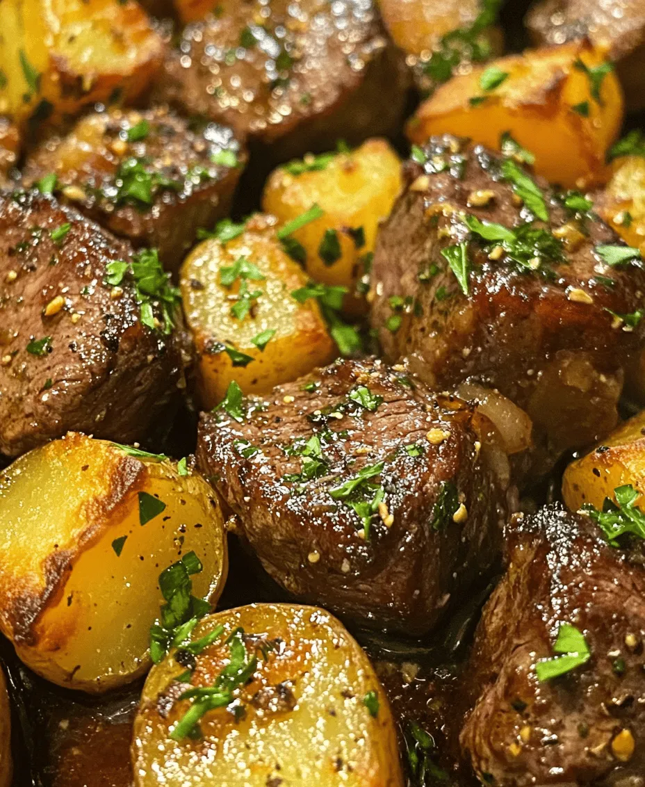 When it comes to comfort food, few combinations can rival the classic pairing of steak and potatoes. Enter <strong>Garlic Butter Steak Bites and Potatoes</strong>, a dish that not only embraces this timeless duo but elevates it with rich flavors and satisfying textures. Imagine tender, juicy bites of steak seared to perfection, nestled alongside golden, crispy baby potatoes, all enveloped in a luscious garlic butter sauce. This dish is perfect for those who crave a hearty meal that’s both comforting and indulgent.” /></p>
</p>
<h3>Techniques for Infusing Flavor Without Burning the Garlic</h3>
</p>
<p>When preparing Garlic Butter Steak Bites and Potatoes, one of the most critical techniques to master is infusing flavor with garlic without burning it. Garlic can quickly turn from fragrant to bitter if overcooked. To avoid this, consider these methods:</p>
</p>
<p>1. <strong>Add Garlic at the Right Time</strong>: Introduce minced garlic towards the end of cooking the steak bites. This will allow the garlic to soften and release its flavor without burning. If you’re using garlic powder or granulated garlic, you can add it a few minutes earlier since it’s less prone to burning.</p>
</p>
<p>2. <strong>Use Lower Heat</strong>: Cooking the garlic on medium to medium-low heat can help prevent burning. If you notice the garlic starting to brown too quickly, lower the heat and stir frequently.</p>
</p>
<p>3. <strong>Create a Garlic Oil</strong>: Infuse olive oil with whole cloves of garlic before cooking. Heat the oil gently with the cloves until they become fragrant, then remove the garlic before adding the steak. This method provides a rich garlic flavor without the risk of burnt bits.</p>
</p>
<p>4. <strong>Melt Butter Slowly</strong>: When adding butter to the pan, melt it slowly over low heat. This helps prevent browning and allows you to control the cooking process better.</p>
</p>
<h3>Importance of Combining the Steak with the Sauce for Flavor Absorption</h3>
</p>
<p>Once your steak bites are cooked to perfection and drenched in that luscious garlic butter, it’s imperative to allow them to absorb the sauce’s flavor. Here’s why this step is essential:</p>
</p>
<p>– <strong>Enhanced Flavor</strong>: Allowing the steak bites to sit in the garlic butter for a few minutes before serving enhances the overall flavor profile. The butter penetrates the meat, infusing it with a rich, savory taste that complements the natural flavors of the steak.</p>
</p>
<p>– <strong>Texture Improvement</strong>: The butter helps to keep the steak bites moist, preventing them from drying out while also adding a velvety texture that makes each bite irresistible.</p>
</p>
<p>– <strong>Serving Method</strong>: After combining the steak with the sauce, consider lifting the bites out of the pan using a slotted spoon. This will allow excess butter to drain off while still retaining enough sauce for flavor.</p>
</p>
<h3>Combining Everything</h3>
</p>
<p>With the steak bites perfectly cooked and the potatoes nicely roasted, it’s time to bring everything together. Here’s how to achieve that harmonious blend:</p>
</p>
<p>1. <strong>Mixing the Ingredients</strong>: In the skillet where you cooked the steak, add the roasted potatoes back into the pan. Toss them gently in the remaining garlic butter sauce to coat them evenly. This not only ensures that every bite is flavorful but also helps the potatoes absorb some of the savory notes from the garlic.</p>
</p>
<p>2. <strong>Final Touches for Plating</strong>: To serve, plate the garlic butter steak bites and potatoes in a shallow dish. Drizzle any remaining garlic butter sauce over the top for an appealing finish.</p>
</p>
<p>3. <strong>Garnishing</strong>: A sprinkle of freshly chopped parsley adds a pop of color and freshness. This simple garnish enhances the dish’s visual appeal and adds an aromatic touch that complements the garlic butter.</p>
</p>
<h3>Flavor Profile and Pairing Suggestions</h3>
</p>
<p>Garlic Butter Steak Bites and Potatoes embody a rich, savory flavor profile that highlights the natural umami of the steak, complemented by the aromatic qualities of garlic and the creamy texture of butter. The addition of herbs elevates the dish, creating a well-rounded culinary experience.</p>
</p>
<h4>Suggested Pairings:</h4>
</p>
<p>– <strong>Side Salad Options</strong>: To balance the richness of the steak and potatoes, consider a light side salad. A simple mixed greens salad with a lemon vinaigrette can provide a refreshing contrast. Alternatively, a classic Caesar salad adds a creamy texture that pairs beautifully with the dish.</p>
</p>
<p>– <strong>Beverage Recommendations</strong>: For beverage pairings, a glass of robust red wine such as Cabernet Sauvignon or Merlot complements the bold flavors of the steak. If you prefer beer, a light lager or pilsner can cut through the richness, providing a crisp finish.</p>
</p>
<h3>Nutritional Information</h3>
</p>
<p>Understanding the nutritional content of Garlic Butter Steak Bites and Potatoes is essential for those mindful of their dietary intake. Here’s a breakdown per serving:</p>
</p>
<p>– <strong>Calories</strong>: Approximately 500-600 calories, depending on the portion size and specific ingredients used.</p>
<p>– <strong>Protein</strong>: The steak provides a substantial protein boost, with around 30-35 grams per serving, making it an excellent choice for muscle repair and growth.</p>
<p>– <strong>Carbohydrates</strong>: Potatoes contribute about 30-40 grams of carbohydrates, offering energy and fiber.</p>
<p>– <strong>Healthy Fats</strong>: The butter and olive oil contribute healthy fats that are essential for absorbing fat-soluble vitamins.</p>
</p>
<p>This dish can fit various dietary preferences, including those following a low-carb or ketogenic diet when adjusted by reducing the potatoes. The use of quality steak and healthy fats makes it a nourishing option for many households.</p>
</p>
<h3>Serving Suggestions</h3>
</p>
<p>When it comes to serving Garlic Butter Steak Bites and Potatoes, presentation can elevate the dining experience. Here are some ideas:</p>
</p>
<p>– <strong>Garnishes</strong>: Fresh parsley not only adds a visual appeal but also enhances the flavor profile. Consider adding a sprinkle of freshly grated Parmesan cheese for an extra layer of richness.</p>
</p>
<p>– <strong>Serving Size Recommendations</strong>: For family-style dining, serve the steak bites and potatoes in a large bowl, allowing guests to help themselves. For individual plating, arrange the steak bites and potatoes attractively on each plate, garnished with parsley and a drizzle of the garlic butter sauce.</p>
</p>
<h3>Conclusion</h3>
</p>
<p>Garlic Butter Steak Bites and Potatoes is a dish that perfectly marries simplicity and deliciousness. With just a few high-quality ingredients and straightforward techniques, you can create a hearty meal that’s sure to impress family and friends.</p>
</p>
<p>Encouraging readers to try this recipe is easy, as it promises not only a delightful culinary experience but also the warmth of sharing a meal with loved ones. Whether it’s a casual weeknight dinner or a special occasion, this dish’s versatility makes it an ideal choice for various gatherings.</p>
</p>
<p>In conclusion, embrace the flavors of Garlic Butter Steak Bites and Potatoes, and enjoy the satisfaction of a meal that feels both indulgent and wholesome.</p>
</div>