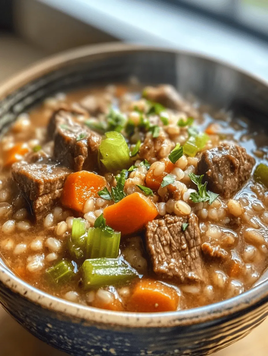 Hearty Beef and Barley Soup is a time-honored dish that evokes warmth and comfort, making it a staple in many households, especially during the colder months. This nourishing soup is rich in flavor and texture, combining tender chunks of beef, wholesome barley, and a medley of vegetables that come together to create a meal that is both satisfying and healthy. With every spoonful, you're transported to a cozy kitchen where aromas of simmering beef and fresh herbs fill the air—perfect for family gatherings, cold evenings, or simply when you’re in need of a comforting bowl of goodness.