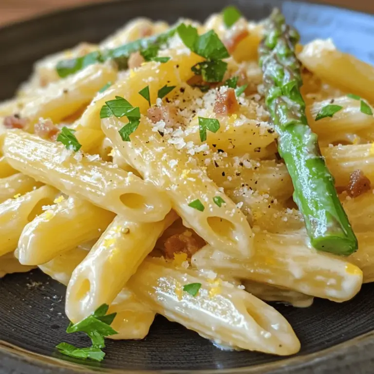 At first glance, the combination of penne pasta, pancetta, and asparagus may seem straightforward, but the magic lies in the balance of flavors and textures that each ingredient brings to the table. The creamy sauce, enriched with heavy cream and Parmesan cheese, envelops the pasta, creating a luscious coating that clings to every bite. Meanwhile, the salty, savory notes of pancetta provide depth, while the asparagus introduces a fresh, earthy element, making this dish not only delicious but also visually appealing.