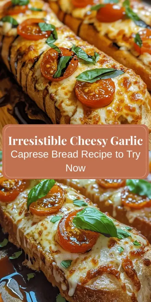 Discover the irresistible Cheesy Garlic Caprese Bread – a mouthwatering appetizer that perfectly blends the classic flavors of a Caprese salad into a warm, cheesy delight. Made with toasted baguette or ciabatta, garlic butter, fresh mozzarella, cherry tomatoes, and basil, this dish is perfect for any gathering. Easy to prepare and quick to cook, it’s sure to impress family and friends. Add a drizzle of balsamic glaze for an extra touch! #CheesyGarlicBread #Appetizer #Caprese #DeliciousEats #EasyRecipes #Gatherings #ComfortFood