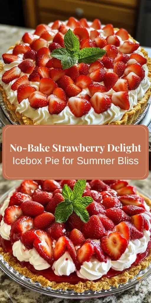 Beat the heat this summer with a refreshing Strawberry Delight Icebox Pie! This no-bake dessert combines fresh strawberries, a luscious cream cheese filling, and a crunchy graham cracker crust for the perfect sweet treat. Easy to prepare and sure to impress at any gathering, this pie harmonizes sweet and tangy flavors for a delightful experience. Enjoy a slice of summer bliss! #StrawberryPie #NoBakeDesserts #SummerTreats #FreshFruit #EasyRecipes #DessertLovers