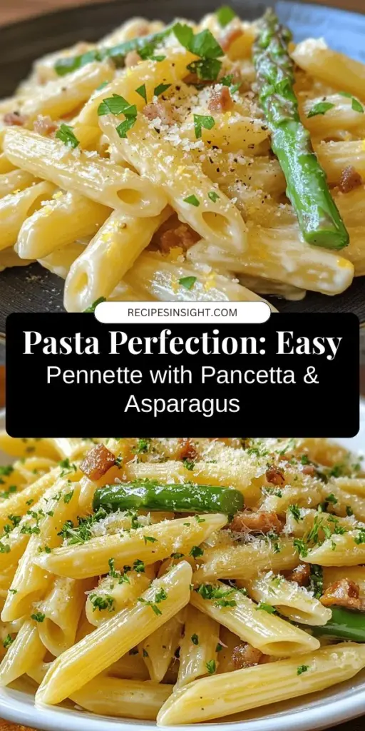 Discover the delicious flavors of Pennette Delight with Pancetta and Asparagus! This creamy Italian pasta dish features crispy pancetta and fresh asparagus, making it perfect for a quick weeknight meal or a dinner party. With just a few simple ingredients, create a dish that is both satisfying and visually appealing. Easy to prepare in under 30 minutes, it's an indulgent experience that will impress your guests. #Pasta #ItalianFood #Recipe #Cooking #Foodie #QuickMeals #DinnerIdeas