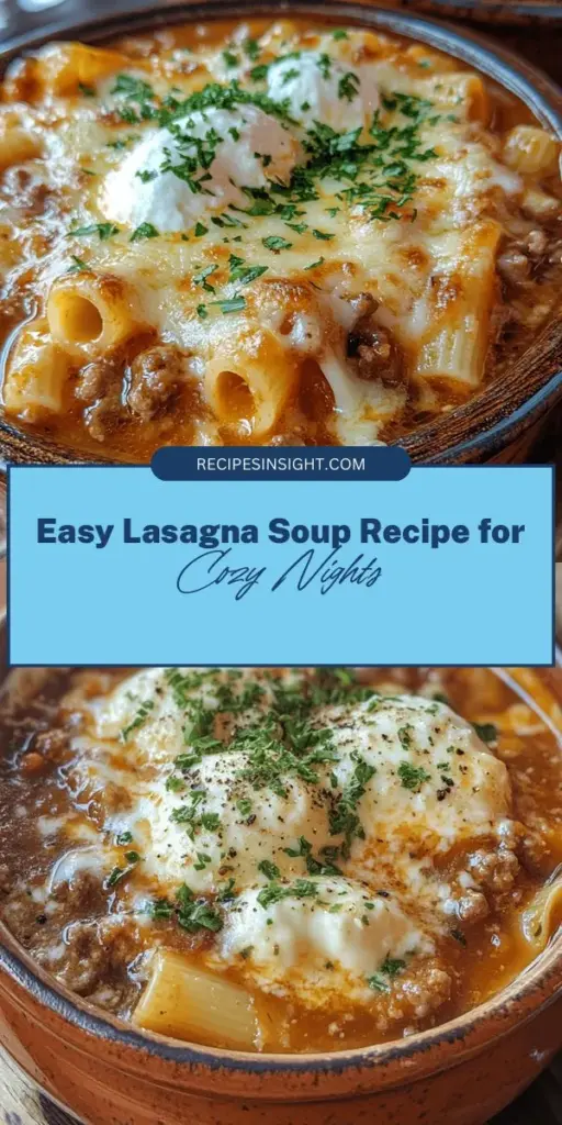 Discover the cozy appeal of Lasagna Soup Delight, a delicious twist on the classic Italian favorite! This quick and easy recipe captures all the rich flavors of traditional lasagna in a comforting soup form, perfect for family dinners or chilly nights. With simple ingredients like ground meat, aromatic veggies, and creamy cheeses, you can whip up this hearty dish in under an hour. Try it tonight for a satisfying meal everyone will love! #LasagnaSoup #ComfortFood #EasyRecipes #DinnerIdeas #CozyMeals #FamilyCooking