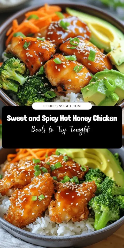 Elevate your weeknight dinners with these Sweet and Spicy Hot Honey Chicken Bowls! Juicy, crispy chicken thighs coated in a flavorful spice blend and drizzled with hot honey bring a delightful balance of flavors to your table. Packed with nutritious veggies and served over fluffy jasmine rice, these bowls are perfect for any occasion. Customizable and easy to prepare, they promise to impress family and friends alike! #HotHoney #ChickenBowls #Foodie #Recipes #MealPrep #SpicyFood #HealthyEating