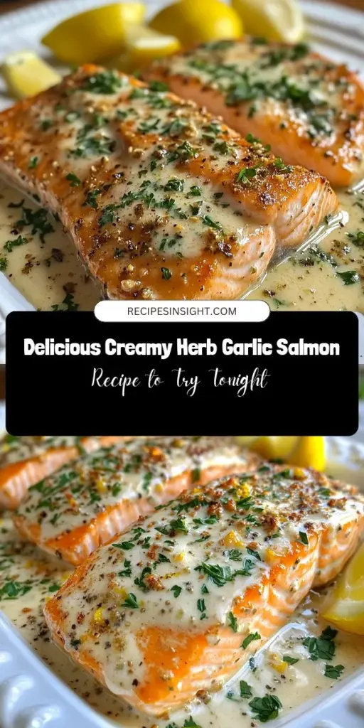 Indulge in a luxurious dining experience with Creamy Herb Garlic Salmon! This mouthwatering recipe features buttery salmon smothered in a rich, herb-infused cream sauce, making it the perfect centerpiece for any meal. Packed with omega-3s and essential nutrients, this dish is a guilt-free indulgence that doesn't compromise on flavor. Pair it with roasted veggies or garlic mashed potatoes for a complete meal. Discover the gourmet magic today! #Salmon #HealthyRecipes #ComfortFood #GourmetCooking #DinnerIdeas #SeafoodLovers