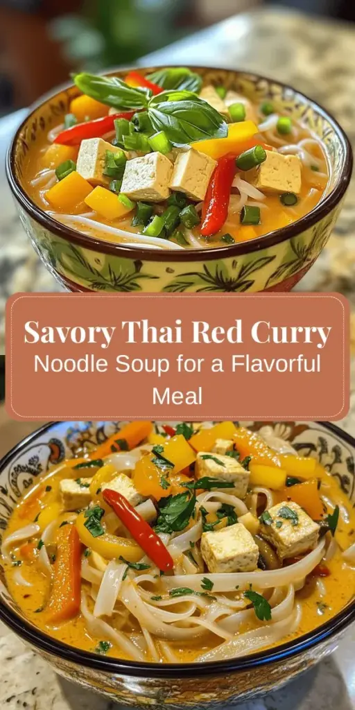 Discover the warmth and vibrant flavors of Thai Red Curry Noodle Soup! This comforting dish combines creamy coconut milk, aromatic red curry paste, fresh veggies, and delicate rice noodles, creating a delicious taste of Thailand in every bowl. Perfect for cozy dinners or quick meals, it’s easily customizable to suit your dietary needs. Join the culinary adventure and indulge in this flavorful experience! #ThaiCuisine #RedCurry #NoodleSoup #ComfortFood #VegetarianCooking #Foodie #CoconutMilk