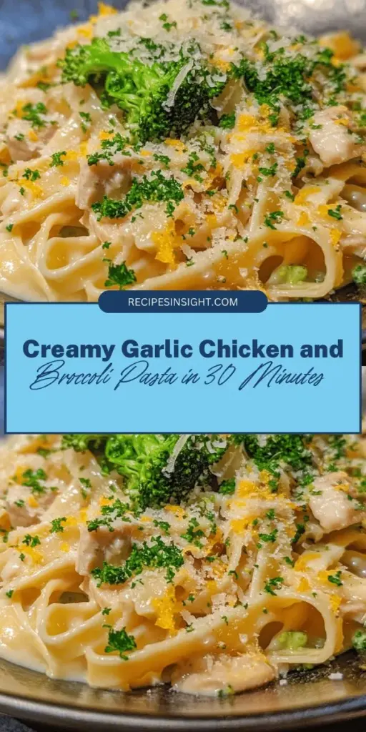 Indulge in the comforting flavors of Creamy Garlic Chicken and Broccoli Pasta Delight! This quick and easy recipe blends tender chicken, vibrant broccoli, and a rich, creamy sauce, all served over al dente fettuccine. Perfect for busy weeknights, it's a nutritious meal that the whole family will love. Customize it with gluten-free or vegetarian options to suit your dietary needs. Enjoy this gourmet-style dish in under 30 minutes! #PastaRecipe #ComfortFood #EasyCooking #HealthyMeals #FamilyDinner