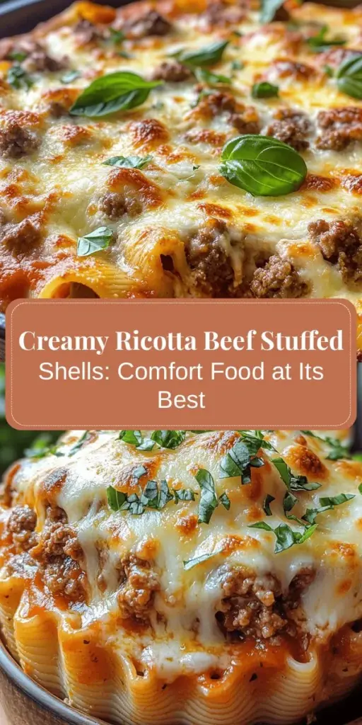 Indulge in the comfort of Creamy Ricotta Beef Stuffed Shells Pasta—a delightful Italian dish that brings the family together around the dinner table. These tender pasta shells are generously filled with savory ground beef and creamy ricotta, all enveloped in marinara sauce and topped with melted cheese. Perfect for busy weeknights or festive gatherings, this dish is sure to become a favorite. Try it today! #ComfortFood #ItalianRecipes #PastaLovers #FamilyDinner #HomeCooking #StuffedShells