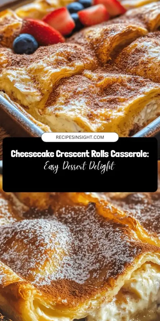 Indulge in the delightful Cheesecake Crescent Rolls Casserole, a perfect blend of creamy cheesecake and flaky crescent rolls. This easy-to-make dessert is not only delicious but also versatile, allowing for dietary adjustments. Serve warm or at room temperature, and customize with fresh berries, whipped cream, or a drizzle of chocolate. Ideal for any occasion, this casserole is sure to impress friends and family! #DessertRecipes #Cheesecake #CrescentRolls #EasyRecipes #BakingJoy