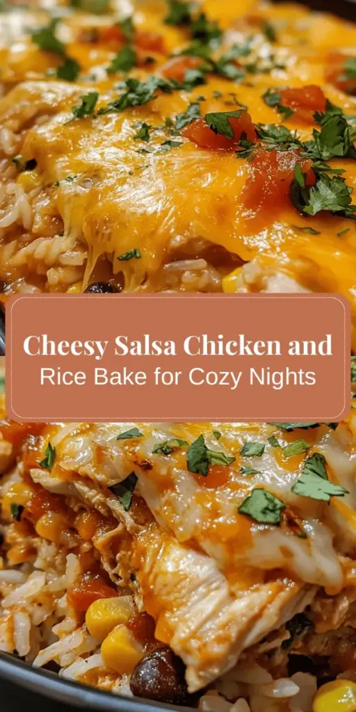 Discover the ultimate comfort food with this Cheesy Salsa Chicken and Rice Bake! This easy, family-friendly recipe combines tender chicken, zesty salsa, and gooey cheese over a hearty rice base, making it perfect for any occasion. Customize it to your taste and enjoy a satisfying meal that's simple to prepare. Your taste buds will thank you! Try this delicious bake today. #CheesySalsaChicken #ComfortFood #EasyMeals #FamilyDinner #RecipeIdeas #HomeCooking