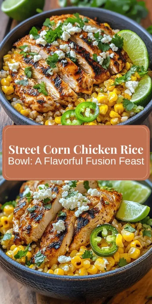 Discover the vibrant flavors of the Street Corn Chicken Rice Bowl—an enticing fusion of jasmine rice, succulent chicken, and sweet corn, topped with zesty lime and creamy feta. This dish not only brings a colorful presentation but also packs a nutritious punch, making it perfect for any occasion. Customize it to suit your dietary preferences and enjoy a delicious homage to street food culture. Create this delightful bowl for a satisfying meal! #StreetCorn #ChickenRiceBowl #HealthyEating #Foodie #ComfortFood #FusionCuisine #EasyRecipes