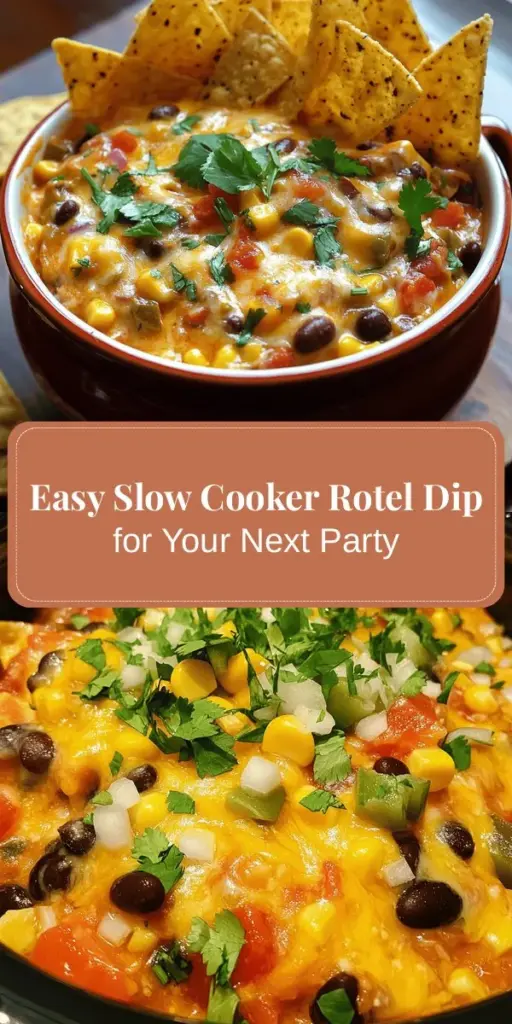 Elevate your gatherings with this Cheesy Tex-Mex Delight: Slow Cooker Rotel Dip! Perfect for game days or casual get-togethers, this crowd-pleaser combines creamy Velveeta cheese with zesty Rotel tomatoes, beans, and fresh veggies, all made effortless in a slow cooker. Serve it with your favorite dippers for a flavorful experience that brings everyone together. Get ready to impress your guests with this delightful dish! #SlowCookerDip #TexMex #PartyFood #ComfortFood #CheesyDelight