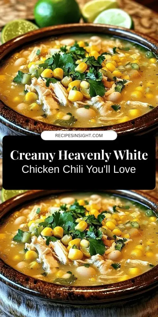 Warm up your evenings with this creamy and nutritious Heavenly White Chicken Chili! This cozy dish is made with tender chicken, white beans, and zesty spices, offering a delicious twist on traditional chili. It's not just tasty but also packed with protein and fiber. Perfect for gatherings or a comforting family dinner, you can easily customize it to suit your dietary needs. Experience comfort in a bowl! #WhiteChickenChili #ComfortFood #HealthyRecipes #ChiliNight #CookingWithLove #CozyEats