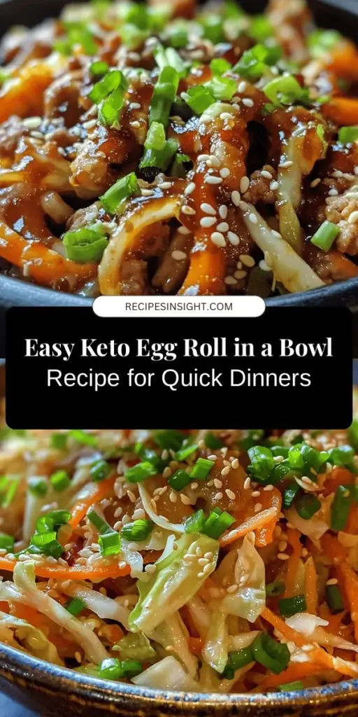 Looking for a delicious, low-carb meal idea? Try this Keto Egg Roll in a Bowl! Packed with flavor and ready in under 30 minutes, this healthy dish features ground meat, crisp veggies, and aromatic seasonings. Free from the heavy wrappers of traditional egg rolls, it's keto-friendly and customizable to fit your tastes. Perfect for busy weeknights or meal prep. Share a bowl of yum tonight! #Keto #LowCarb #HealthyEating #EggRollInABowl #MealPrep #QuickRecipes #KetoDiet #HealthyDinner #LowCarbDishes