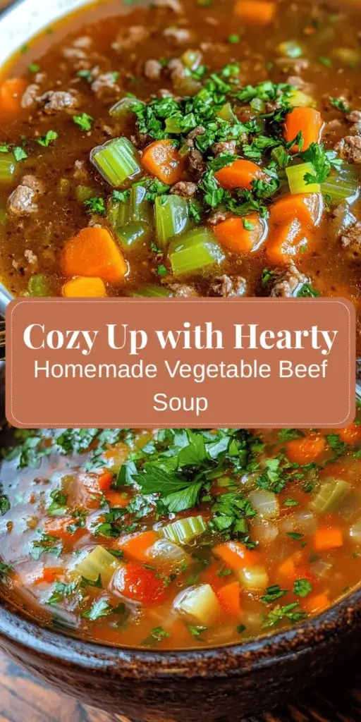 Warm up your meals with this Hearty Homemade Vegetable Beef Soup, a comforting classic perfect for chilly nights. Packed with tender beef, fresh vegetables, and rich flavors, this nutritious soup brings family together, evoking cozy memories. Follow our simple step-by-step guide to create a delicious, heartwarming dish that’s great for leftovers too! Satisfy your cravings with a bowl full of goodness. #SoupRecipe #Homemade #ComfortFood #CookingFromScratch #HealthyEating