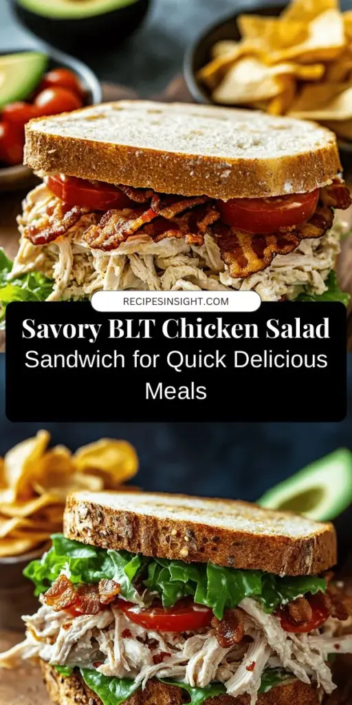 Discover the Savory BLT Chicken Salad Sandwich, a delicious twist on the classic BLT! This recipe combines flavorful chicken salad with crispy bacon, fresh tomatoes, and crunchy lettuce for a satisfying meal. Perfect for busy days, picnics, or potlucks, it’s easy to prepare ahead. Customize it to fit dietary needs, whether by using yogurt instead of mayo or substituting chicken with jackfruit. Enjoy a nutritious and tasty sandwich today! #BLT #ChickenSalad #SandwichRecipes #HealthyEating #QuickMeals #Foodie