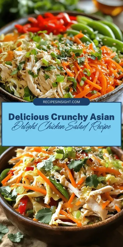 Discover the vibrant flavors and textures of the Crunchy Asian Delight Chicken Salad! Packed with tender chicken, fresh veggies, and a zesty dressing, this salad is a delightful fusion of health and taste. Perfect for meal prep or impressing guests, it caters to various dietary needs with simple ingredient swaps. Enjoy a satisfying and nutritious meal that celebrates fresh ingredients! #ChickenSalad #HealthyEating #AsianInspired #MealPrep #Salads #Foodie #DeliciousRecipes #NutritiousMeals