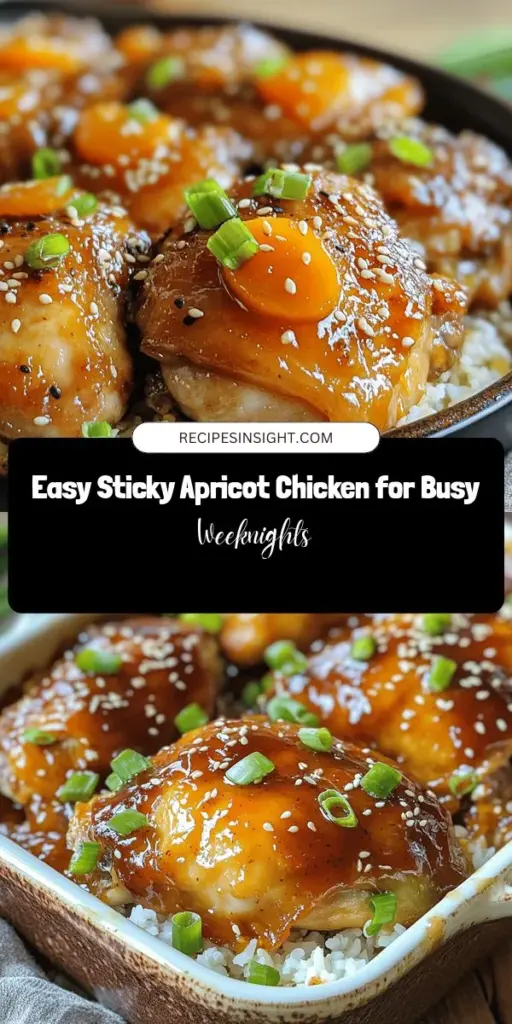 Discover the delightful flavors of Sticky Apricot Chicken! This easy weeknight recipe combines tender chicken thighs with a sweet apricot glaze, enhanced by soy sauce, garlic, and ginger. Perfect for busy families, it can be prepared in no time and tastes incredible. Serve it with rice or quinoa for a complete meal. Elevate your dinner routine with this comforting dish! #StickyApricotChicken #EasyRecipes #WeeknightDinner #ChickenDinner #FamilyMeals #CookingIdeas