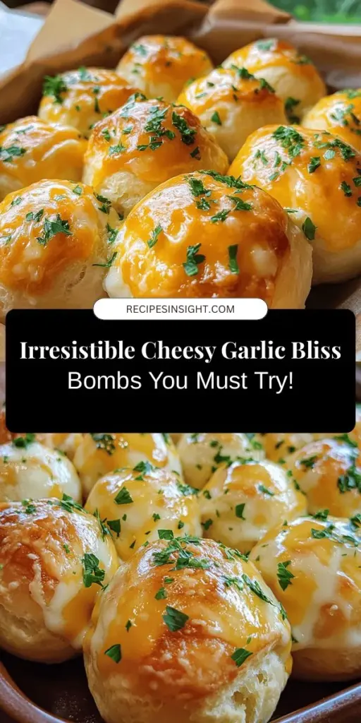 Get ready to impress your guests with these irresistible Cheesy Garlic Bliss Bombs! These bite-sized appetizers combine flaky biscuit dough with oozy mozzarella and cream cheese, infused with the rich aroma of garlic. Perfect for parties or snack cravings, they're easy to make and utterly delicious! Elevate your gatherings or family meals with this simple recipe that promises a burst of flavor in every bite. #CheesyGarlicBlissBombs #Appetizers #SnackIdeas #ComfortFood #PartyFood