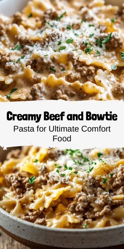 Indulge in the comforting flavors of Creamy Beef and Bowtie Pasta! This delightful dish combines tender beef with luscious bowtie pasta in a rich, creamy sauce. Perfect for busy weeknights or special gatherings, it's versatile and easy to customize. Add your favorite veggies or swap for lean meats to suit your tastes. Get ready to impress your family and friends with this hearty meal that warms the heart! #Pasta #ComfortFood #DinnerIdeas #CreamyPasta #RecipeInspo #Yummy