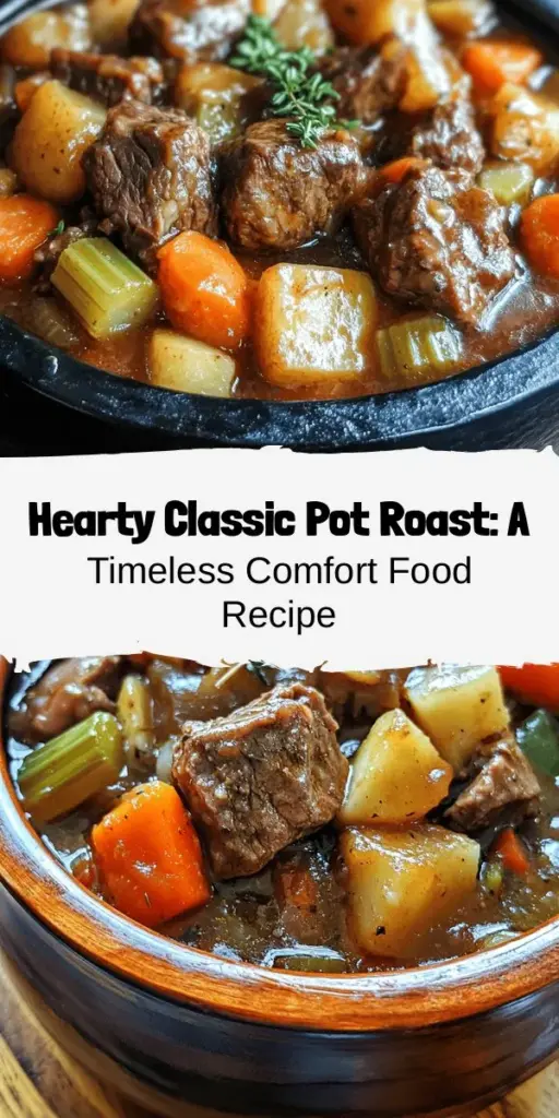 Embrace the warmth and nostalgia of a classic comfort pot roast. This hearty dish is perfect for family gatherings or cozy weeknight dinners, featuring tender beef chuck roast, vibrant vegetables, and aromatic herbs. With easy preparation steps, you’ll create a mouthwatering meal that fills your home with delicious aromas. From searing the beef to perfecting the sauce, this pot roast recipe is sure to impress! #PotRoast #ComfortFood #HomeCooking #FamilyMeals #RecipeIdeas #CookingTips #HeartyDinner