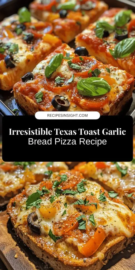 Discover the irresistible Texas Toast Garlic Bread Pizza, a delicious fusion of buttery garlic bread and cheesy pizza! Perfect for family dinners or casual gatherings, this easy-to-make dish features crispy Texas toast topped with marinara sauce, gooey cheese, and your favorite toppings. It's a fun and satisfying meal that everyone will love. Dive into comfort food bliss with this quick recipe! #TexasToast #GarlicBreadPizza #ComfortFood #EasyRecipes #FoodieLove #PizzaNight