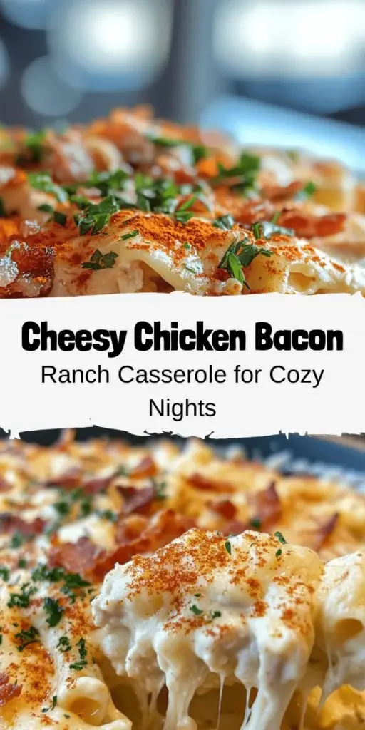 Savor the deliciousness of Cheesy Chicken Bacon Ranch Casserole, a hearty comfort food that combines tender chicken, crispy bacon, zesty ranch dressing, and gooey cheese. Perfect for family gatherings, weeknight dinners, or cozy nights in, this casserole is as versatile as it is tasty. Easy to prepare and packed with flavor, it's sure to become a new family favorite! Try it today! #Casserole #ComfortFood #ChickenBaconRanch #FamilyDinner #EasyRecipes