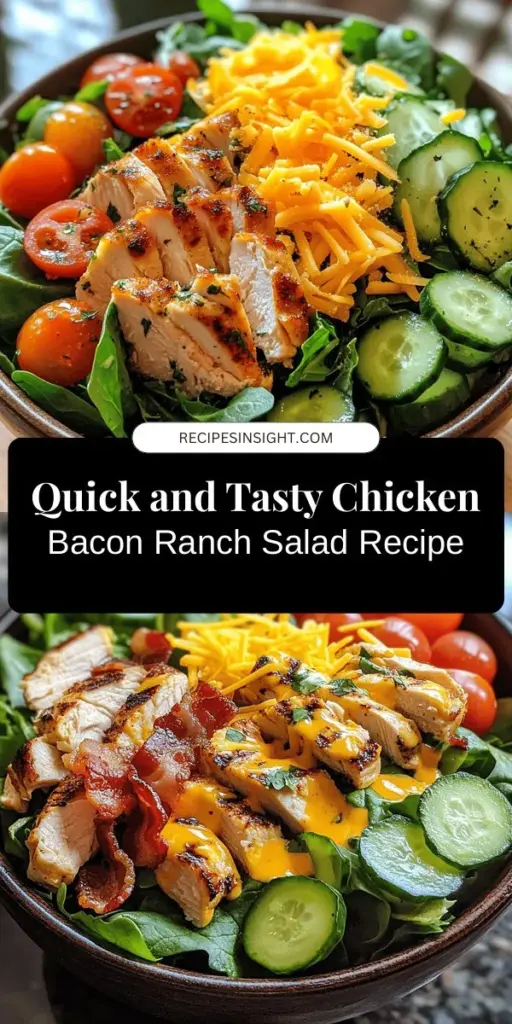 Looking for a quick and tasty meal? Try the Chicken Bacon Ranch Salad Delight! This colorful, satisfying salad combines lean chicken, crispy bacon, fresh veggies, and creamy ranch dressing for a nutritious lunch or dinner. Perfect for busy days, it's customizable and easy to prepare. Enjoy a delicious blend of flavors while keeping your health in check! Give it a try and share it with friends! #HealthyRecipes #SaladLove #QuickMeals #ChickenBaconRanch #Foodie