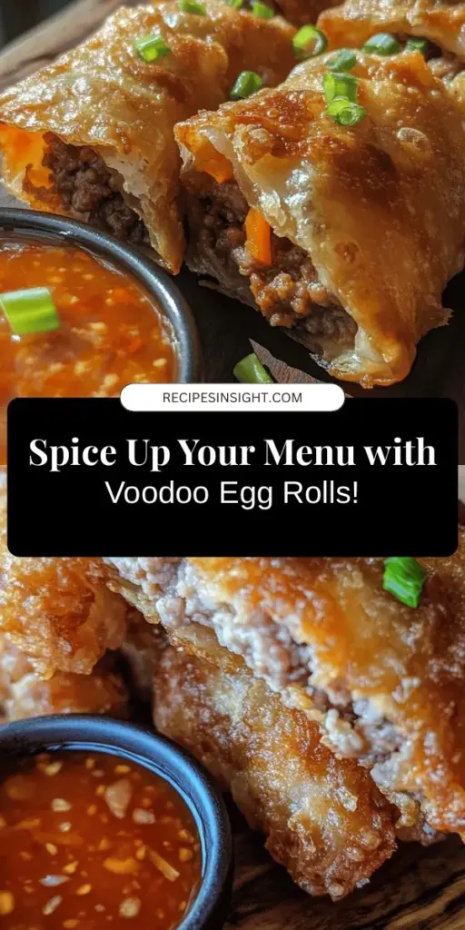 Discover the delicious world of Voodoo Egg Rolls, where classic Asian flavors meet a spicy Southern twist! These crispy treats are packed with savory ground meat, vibrant vegetables, and a mix of bold spices that'll excite your taste buds. Perfect for parties or weeknight meals, Voodoo Egg Rolls are customizable to fit any palate. Try them today and elevate your culinary game! #VoodooEggRolls #SpicyFood #FusionCuisine #CrispyDelights #HomemadeEggRolls #FoodieFun #RecipeIdeas