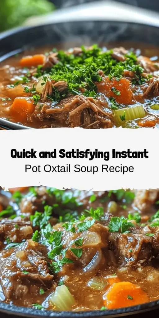 Discover the comforting and delicious world of Instant Pot oxtail soup! This hearty dish combines tender oxtail, aromatic vegetables, and a rich, flavorful broth, making it perfect for family gatherings or cozy nights. With the Instant Pot, you can enjoy this culinary treasure in a fraction of the time. Packed with nutrition and history, this soup is sure to satisfy your cravings and warm your soul! #OxtailSoup #InstantPot #ComfortFood #HeartyMeals #CulinaryTreasure #FamilyRecipes