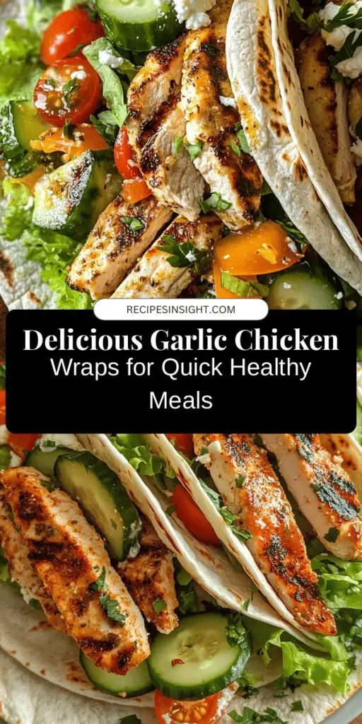 Discover the ultimate meal solution with Flavor-Packed Garlic Chicken Wraps! Perfect for lunch, dinner, or meal prep, these wraps combine juicy garlic-marinated chicken with fresh veggies, tangy feta, and creamy tzatziki, all wrapped in a soft tortilla. Quick to make and bursting with flavor, they prove healthy eating doesn’t have to be boring. Customize them to suit your taste for a satisfying, nutritious meal. #GarlicChickenWraps #HealthyEating #MealPrep #QuickRecipes #DeliciousFood