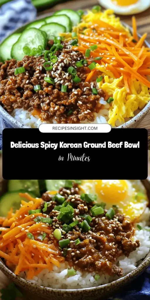 Discover the flavors of Korea with this Spicy Korean Ground Beef Bowl recipe! Perfect for busy nights, this dish highlights a savory blend of ground beef, fresh veggies, and the unique heat of gochujang. It's quick to make and can be customized to fit any dietary needs. From the aromatic sesame oil to the sweet crunch of fresh carrots, this bowl is both satisfying and nutritious. Try it today for a delicious meal! #SpicyKoreanBeef #KoreanCuisine #MealPrep #Foodie #QuickRecipes