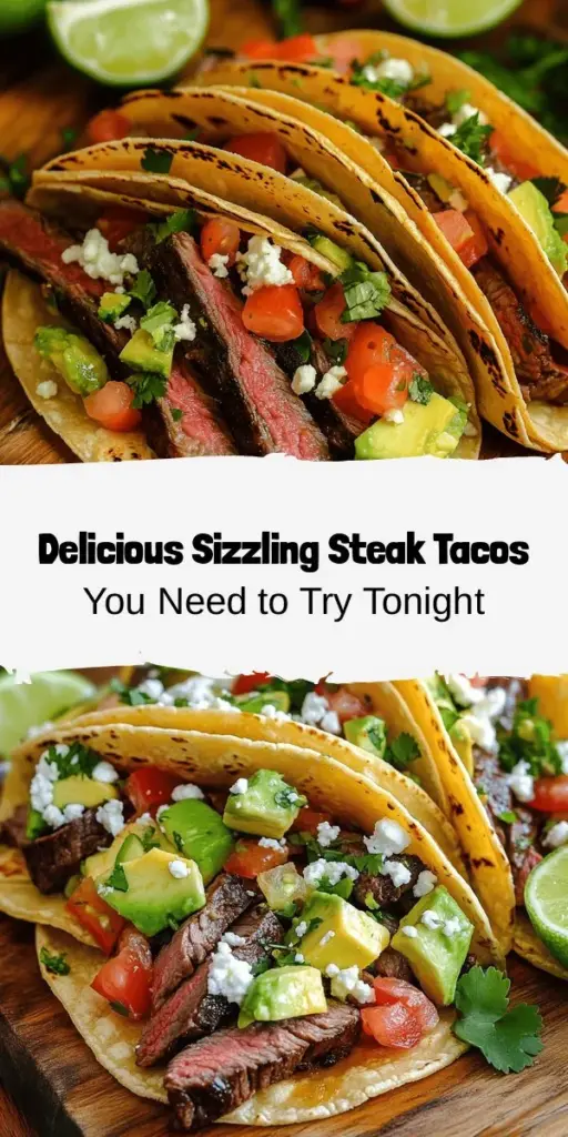 Bring excitement to your dining table with Sizzling Steak Tacos! This irresistible recipe features tender flank steak marinated with zesty lime, garlic, and spices, all nestled in warm tortillas. Top with fresh ingredients like avocado, cilantro, and salsa for a flavor explosion. Perfect for family dinners or casual get-togethers, these tacos are customizable to suit everyone's tastes. Get ready to impress with this satisfying and delightful dish! #Tacos #SteakTacos #Recipe #DinnerIdeas #Foodie #CookingAtHome