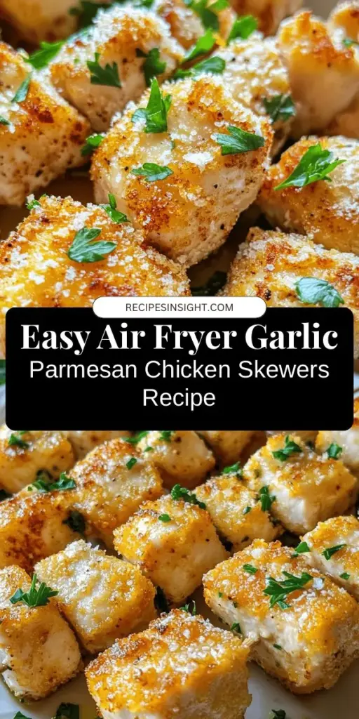 Discover the mouthwatering flavors of Air Fryer Garlic Parmesan Chicken Skewers! This quick and easy recipe features juicy chicken marinated in garlic and Parmesan, cooked to crispy perfection in an air fryer. Enjoy a healthier twist without sacrificing taste, making it perfect for busy weeknights or gatherings. Learn valuable tips on marinating, preparing the air fryer, and cooking for the best results. Elevate your mealtime with this delicious dish! #AirFryerRecipes #ChickenSkewers #HealthyEating #QuickMeals #GarlicParmesan