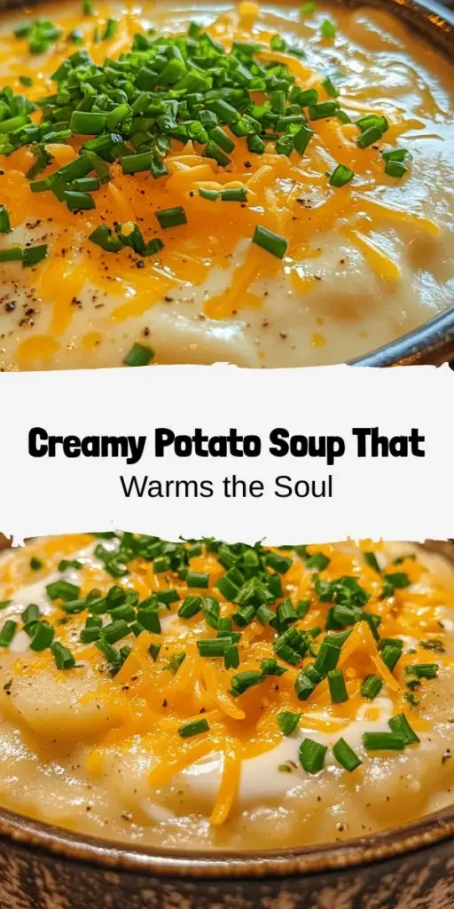 Discover the ultimate comfort food with this creamy potato soup recipe that's perfect for any season. With simple ingredients like russet potatoes, onions, garlic, and heavy cream, you'll create a rich, velvety texture that warms the soul. This versatile dish is easy to customize with herbs, spices, and optional toppings like cheese or fresh herbs. Embrace the warmth and nostalgia of homemade soup today! #PotatoSoup #ComfortFood #HomemadeSoup #CozyEats #RecipeShare