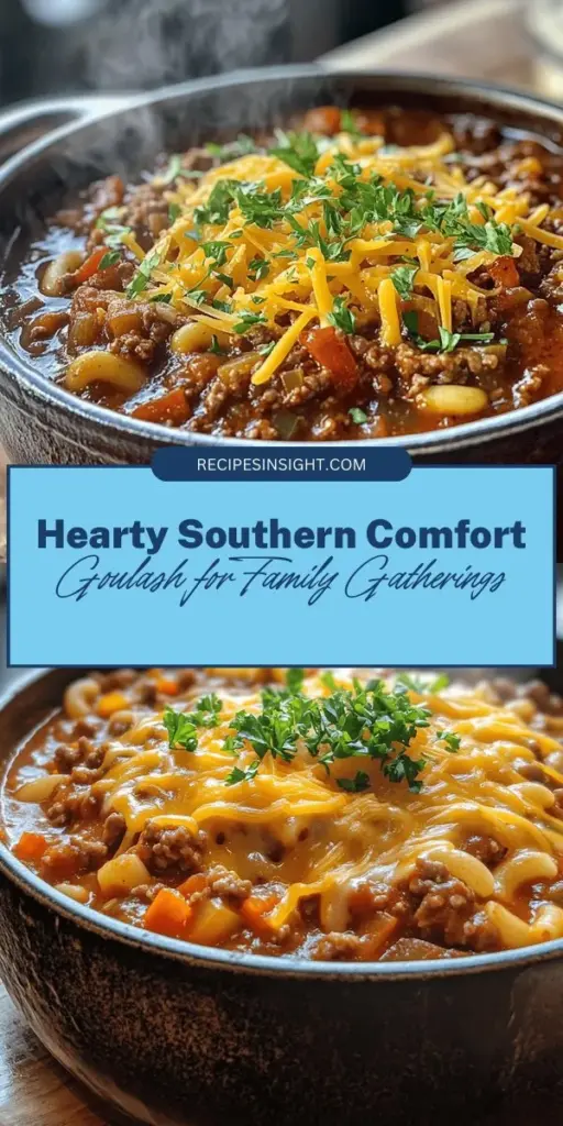 Discover the warmth and comfort of Southern Comfort Goulash, a delightful one-pot dish that blends the best of Southern cooking with rich goulash flavors. Filled with tender ground beef, vibrant vegetables, and elbow macaroni in a savory tomato sauce, this recipe is perfect for family gatherings or weeknight dinners. Easy to prepare with just a few ingredients, it’s sure to become a cherished favorite. Try it today! #SouthernComfort #Goulash #ComfortFood #FamilyRecipe #OnePotMeal