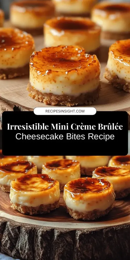 Looking to elevate your dessert game? Try these Mini Crème Brûlée Cheesecake Bites! Combining the creamy richness of cheesecake with the satisfying crunch of a caramelized sugar topping, these bite-sized treats are perfect for any gathering. Easy to make and visually stunning, they offer multiple servings of pure delight while keeping guests wanting more. Perfect for parties, weddings, or as a sweet treat at home! #CheesecakeBites #DessertIdeas #SweetTreats #MiniDesserts #BakingFun #CrèmeBrûlée #PartyDesserts