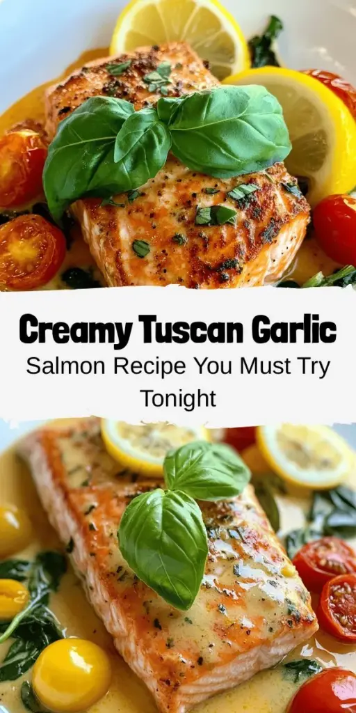 Discover the mouthwatering Creamy Tuscan Garlic Salmon that blends elegance with simplicity! This dish features succulent salmon fillets draped in a rich, creamy sauce studded with garlic, fresh spinach, and sweet cherry tomatoes. Perfect for dinner parties or quick weeknight meals, it's quick to prepare and full of flavor. Serve it over pasta, with salad, or alongside crusty bread for a restaurant-quality experience at home! #CreamyTuscanSalmon #EasyRecipes #DinnerIdeas #HealthyEating #SeafoodLovers