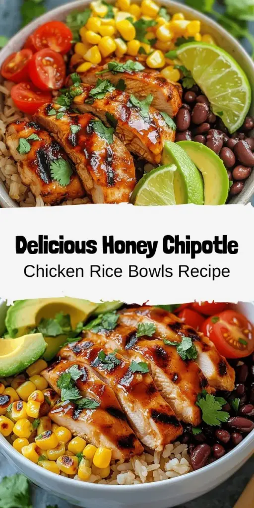 Dive into the deliciousness of Honey Chipotle Chicken Rice Bowls! This recipe is a perfect blend of sweet and spicy flavors, featuring marinated chicken thighs served over nutty brown rice. Packed with nutritious ingredients like black beans, corn, and creamy avocado, this dish is great for any occasion, whether it's a weeknight dinner or meal prep. Healthy, satisfying, and full of flavor, it's sure to impress. #HoneyChipotle #ChickenBowls #HealthyEating #MealPrep #FamilyDinner #Foodie